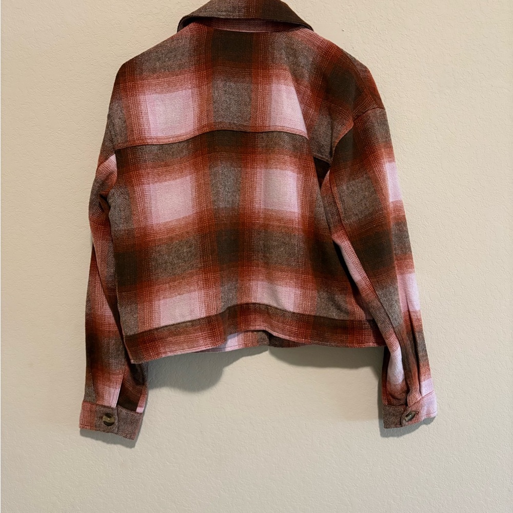 Sonoma Goods for Life Women's Cropped Plaid Utility Jacket shacket pink brown - Picture 2 of 4